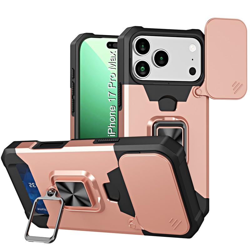 Image of LuxuryKase Shockproof Armor Case for iPhone 17 Pro Max | Slide Camera Cover | Hidden Card Slot | Rotating Ring Kickstand | Magnetic Car Mount Support | Military Grade Protection - Rose Gold
