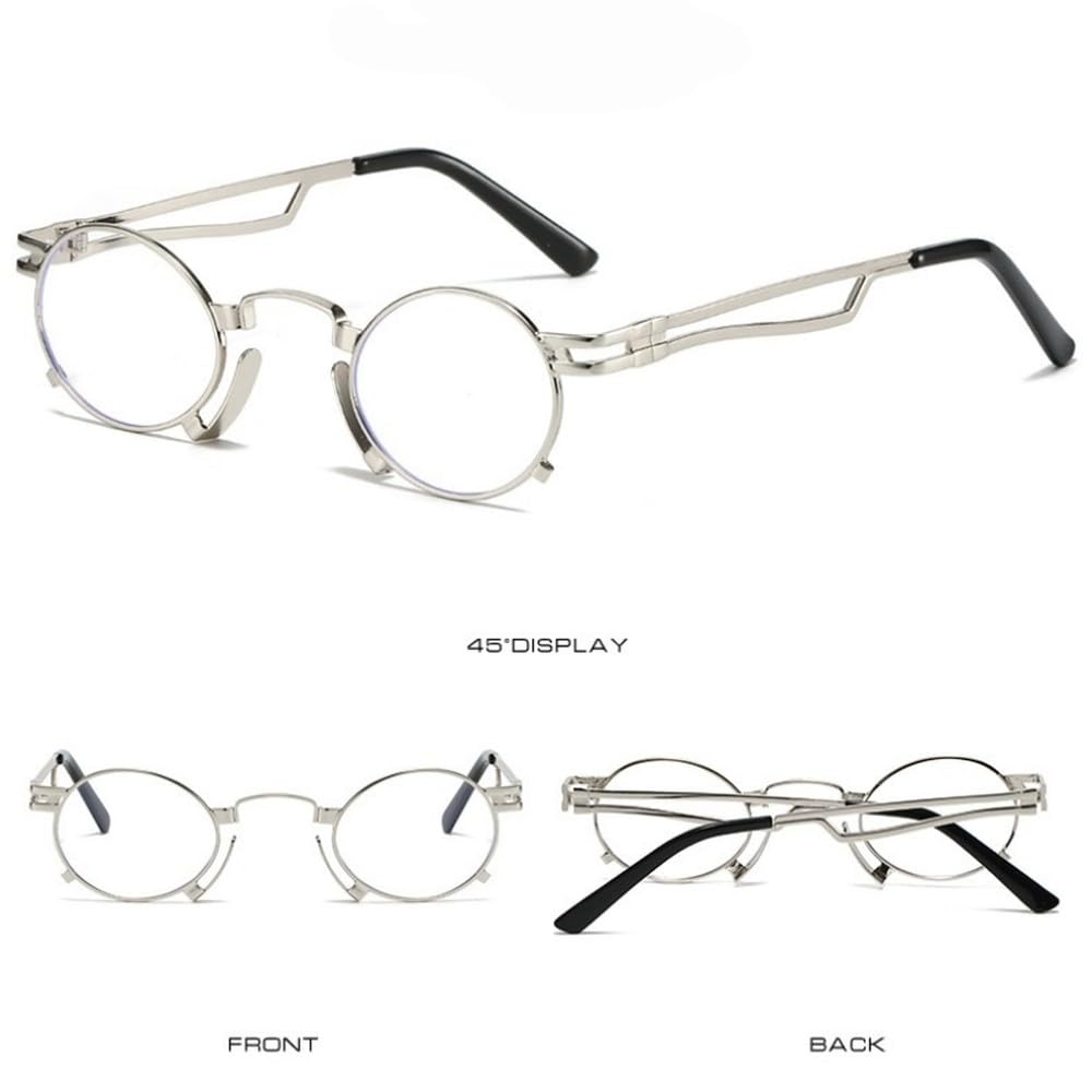 Occhiali da sole rotondi Steampunk da donna alla moda, da uomo, neri, punk, vintage, con protezione, argento trasparente