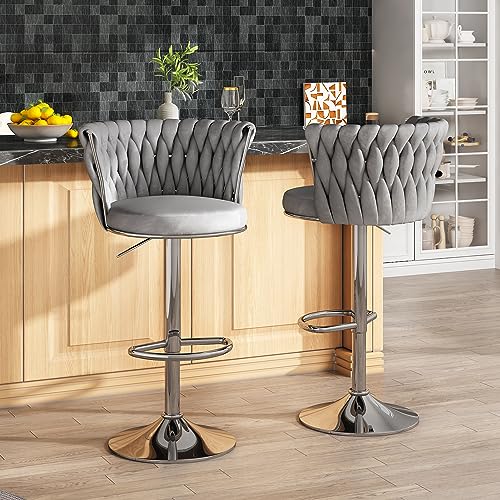 Image of AWQM Velvet Bar Stool Set of 2,Counter Height Barstools Adjustable Kitchen Island Chairs,Swivel Bar Stool Upholstered Bar Chairs Counter Stool with Back & Footrest, Grey