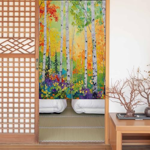 のれん 遮光 おしゃれ 暖簾カーテン 間仕切り 仕切り 目隠し 防寒 防音 厚手 和風 玄関 キッチ リビング 出入り口 グッズ 寝室 春夏秋冬 近代主義 シラカバの木 植物 夏 木 油絵 アウトドア 秋 幅85x丈120cm