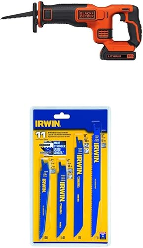 BLACK+DECKER BDCR20C 20V MAX* Reciprocating Saw with Battery and Charger with IRWIN Tools Reciprocating Saw Blade Set, 11-Piece (4935496)