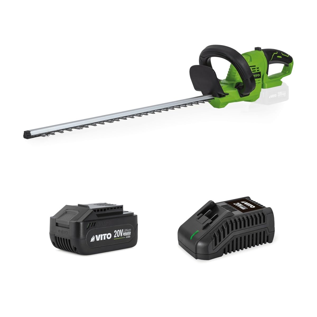 VITO - Tamaño de setos a batería de 20 V, hoja de 51 cm + 1 batería de 4,0 Ah + cargador rápido mango giratorio 90 °, mantenimiento setos y arbustos