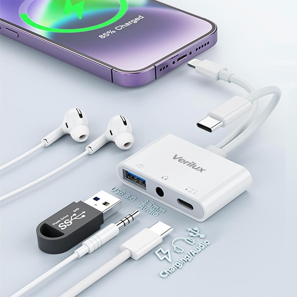 verilux® 3 in 2 lighting to type c audio & charging adapter, type-c connector with usb-c/lighting to usb 3.0/3.5mm audio/usb-c connector for iphone 17/16/15/plus/pro/max, galaxy s26/s25, flash drive