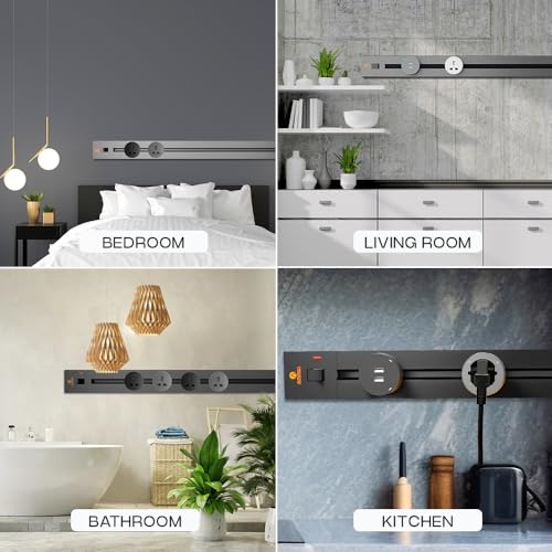 Image of Adjustable Plug-in Power Track | Electrical Movable Sliding Rail Socket Power Track | Concealed Wall Mounted Extension for Home, Office, Multiple Tabletop Outlets 1 Year Warranty (Black, 100cm)