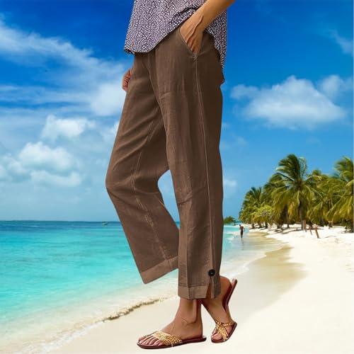 Linen Capri Pants for Women, High Waist Straight Leg Lightweight Fit, Summer Linen Clothes for Seniors Beach Travel3