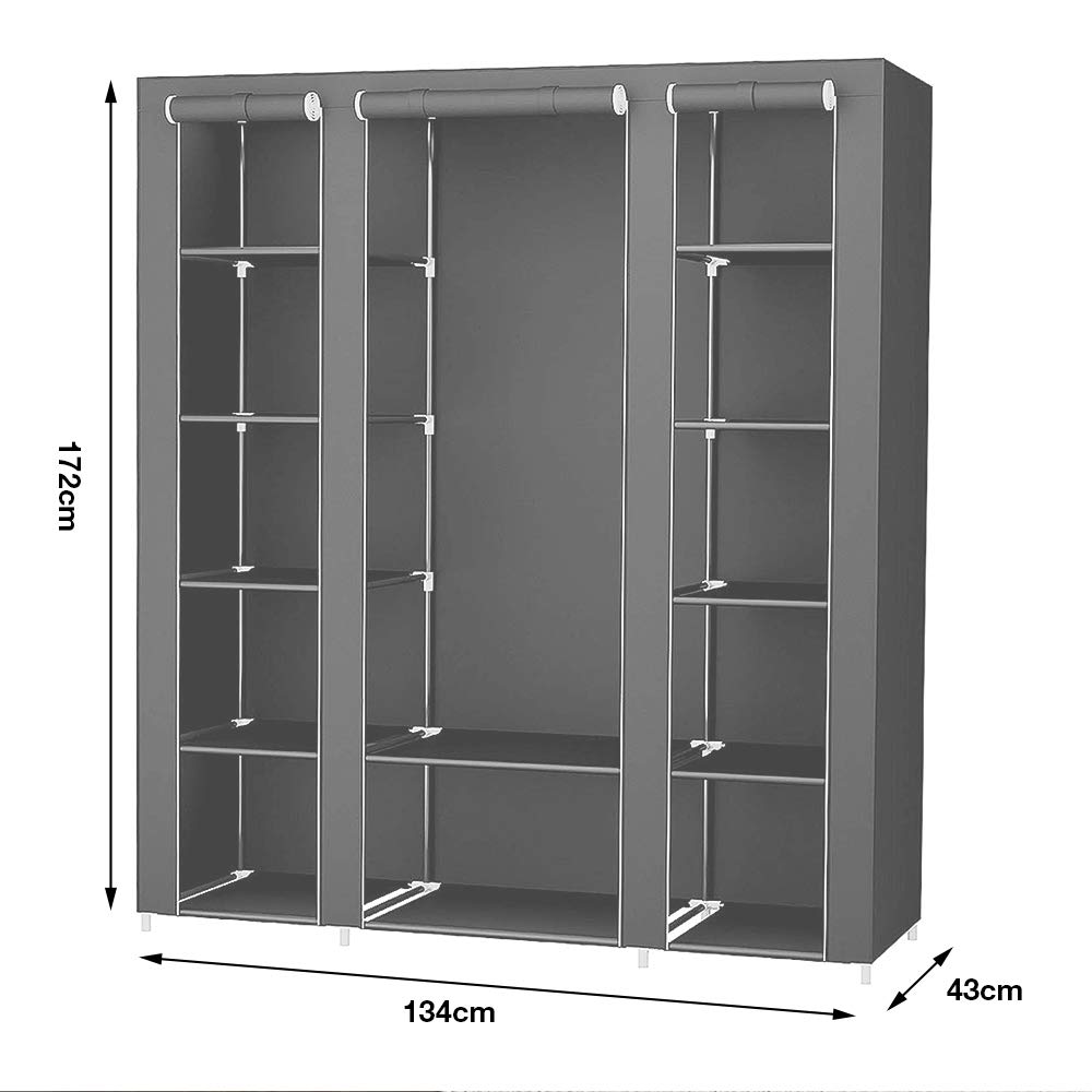 HUOLE Armoire de Rangement en Tissu Textile Pliable avec Tringle à vêtements,Porte-Manteau,Garde-Robe Organisateur de Stockage de vêtements Armoire Toile,172 * 134 * 43cm-Gris