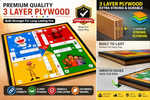 Image of Wooden Ludo & Snakes and Ladders Board Game | 12 x 12 Inch Large Multicolour 2-in-1 Indoor Family Game for Kids & Adults | Made in India