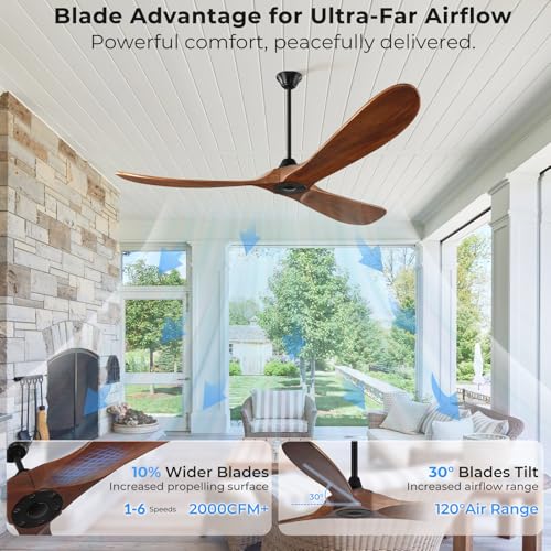 Image of Outdoor Ceiling Fan No Light for Patios, 52 inch Ceiling Fans Without Lights with Smart App and Remote Control, Wet Rated 3 Blades Wood Propeller Modern Fan for Exterior Outside, High CFM, Walnut