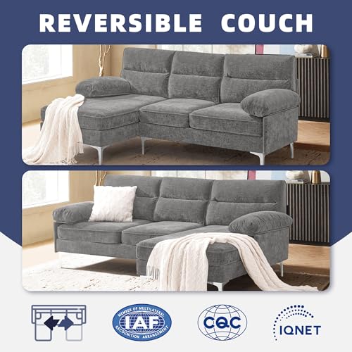 Image of Ihanherry Convertible Sectional Sofa, 85' 3 Seat L-Shaped Modern Chenille Fabric Modular Sofa, Reversible Wide Chaise & Fluffy Armrests, Grey