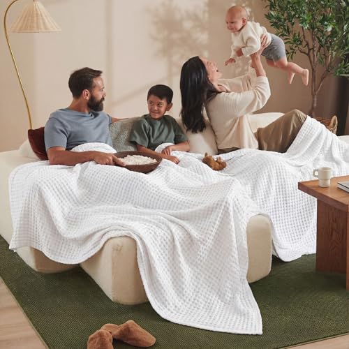 Image of Bedsure Cooling Cotton Waffle Oversized King Blanket - Lightweight Breathable Blankets Rayon Derived from Bamboo for Hot Sleepers, Luxury Throws for Bed and Sofa, White, 120x96 Inches