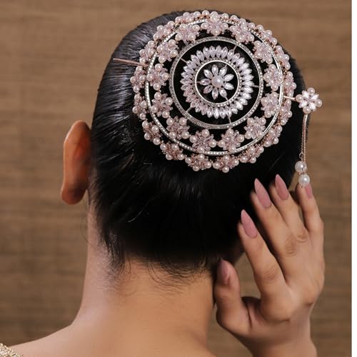 Image of Hair Bun Cage Accessory for Women | Handcrafted Brass Juda Cover with Stick | Anti-Tarnish Traditional Hair Accessory for Wedding & Festive (Sitara Hair Bun (Rose Gold))