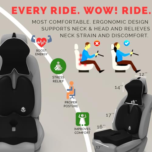 Image of MRRON Memory Foam Posture Corrector Car Seat Cushions Combo | Orthopedic Backrest, Coccyx Cushion & Neckrest | Ergonomic Lumbar Comfort Seat Cushion | Reduces Sciatica (Black, Backpro)