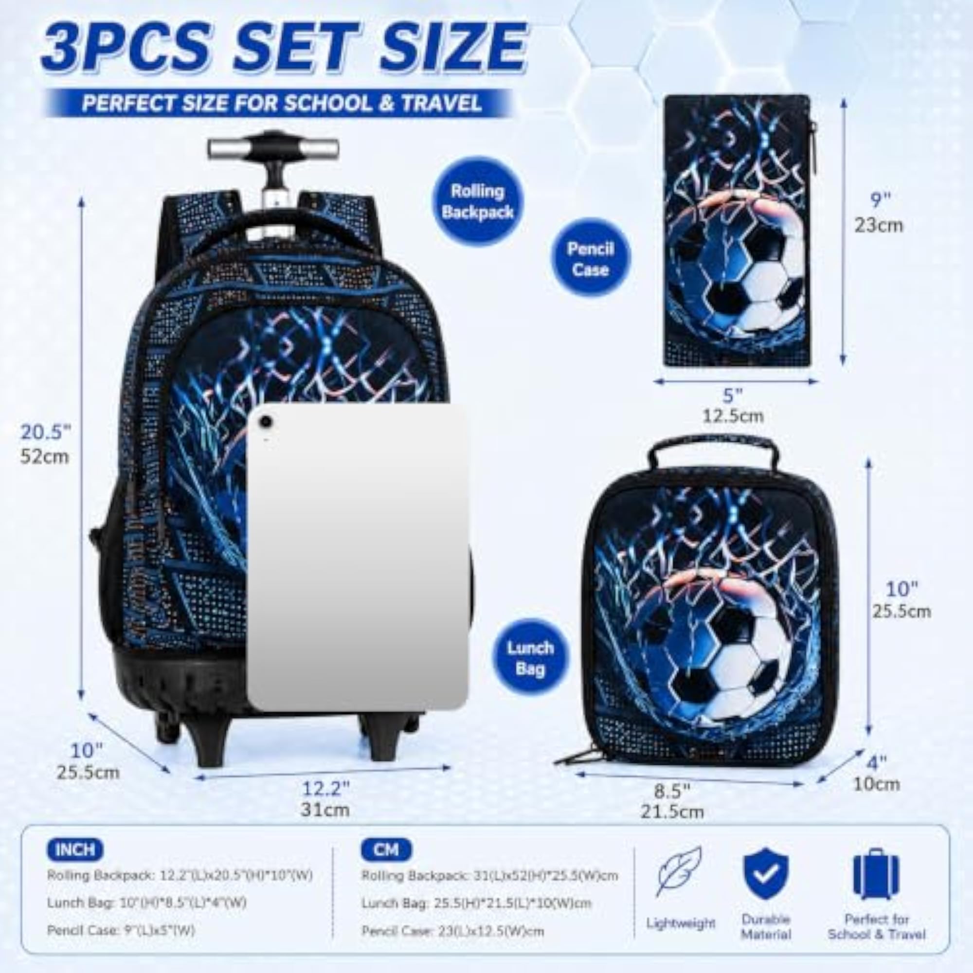 3Pcs Rolling Backpack Set for Boys and Men