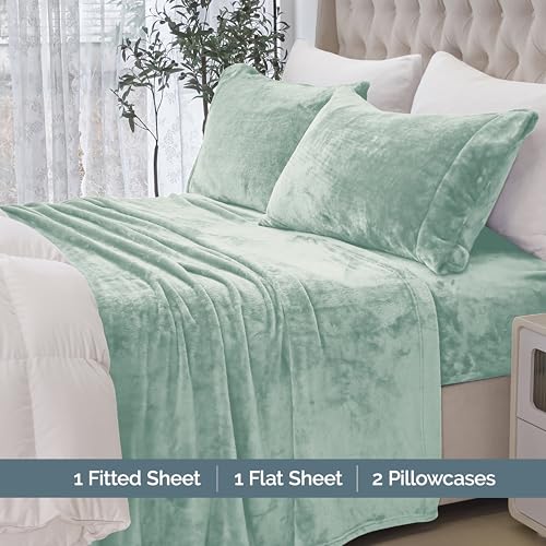 Elegant Comfort Luxuriously Soft 4-Piece Velvet Plush Flannel Sheet Set - Premium Quality - Cozy Warm, Anti-Static, Non Pilling Fuzzy Velvet Flannel Fleece Deep Pocket Sheet Set - Twin XL, Mint Green