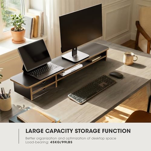 Image of Fenge Monitor Stand, Dual Monitor Riser, 42.5inch Large Desk Computer Monitor Stand Riser with Drawer, 2 Tier Wood & Acrylic Desktop Organizer with Cable Management