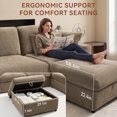 Image of Ihanherry 141 inch Oversized Cloud Sectional Couches for Living Room, Modular Sectional Sofa with Wide Deep Seat, U Shaped Couch with Throw Pillow and Storage Ottoman, Beige