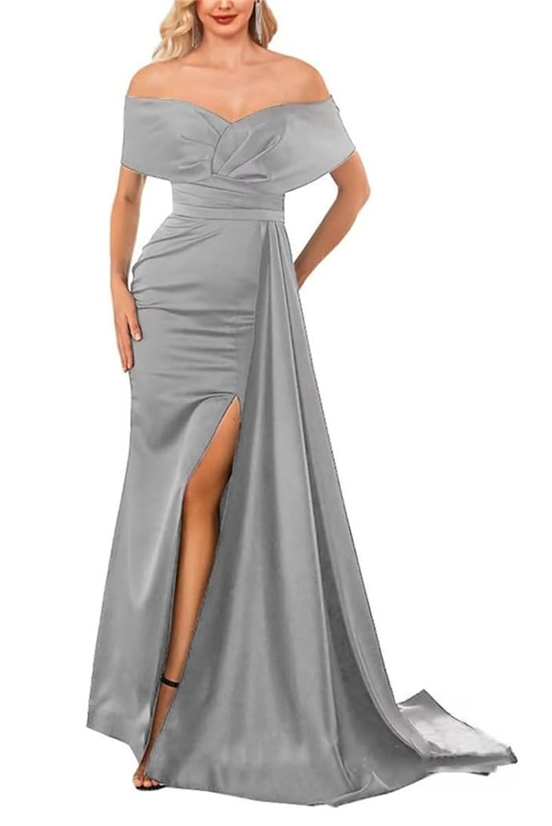 WSEYU Mermaid Bridesmaid Dresses with Satin Off Shoulder V Neck Wedding Guest Evening Gowns Silver UK14