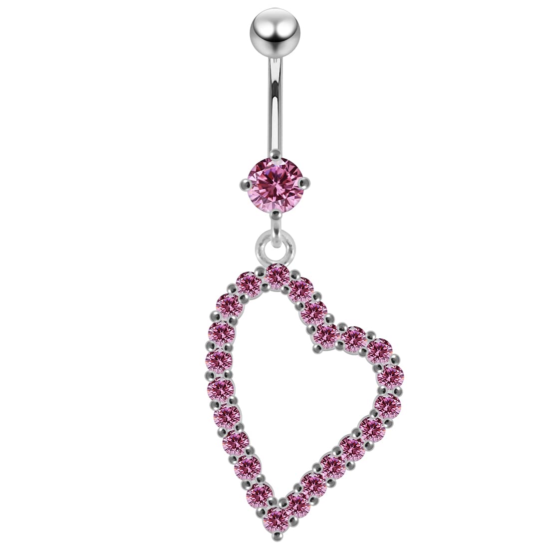 Silver Belly Rings CZ Gemstone Studded Cut Out Heart Dangling 925 Sterling Body Jewelry