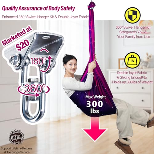 Sensory Swing for Kids & Adults Holds up to 300lbs Indoor & Outdoor Double Layer Therapy Cuddle Swing with 360° Swivel Hanger Kit for Calming, Effect for Autism, ADHD or SPD. (Galaxy Purple) - Image 4
