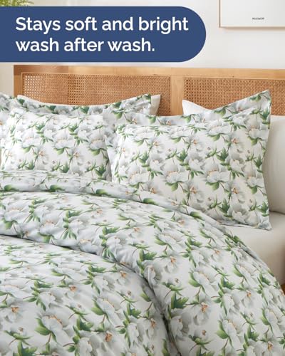 Image of Duvet Cover Cal King Size Set - Extra Soft Floral Duvet Cover 104 x 98 with 2 Pillow Shams - Comfy, Breathable Floral Bedding Set - Hotel Luxury & Fade Free w / Zipper Closures & Ties - Magnolia Garden