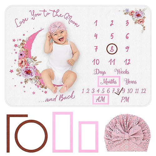 Baby Monthly Milestone Blanket, Precise Hour Moments with Knitted Hat,51βL x40βW,Recording 1 to 12 Months Moments,Thicker Extra Soft Flannel,Best Photography for Newborn,Baby Girl(Pink Flowe