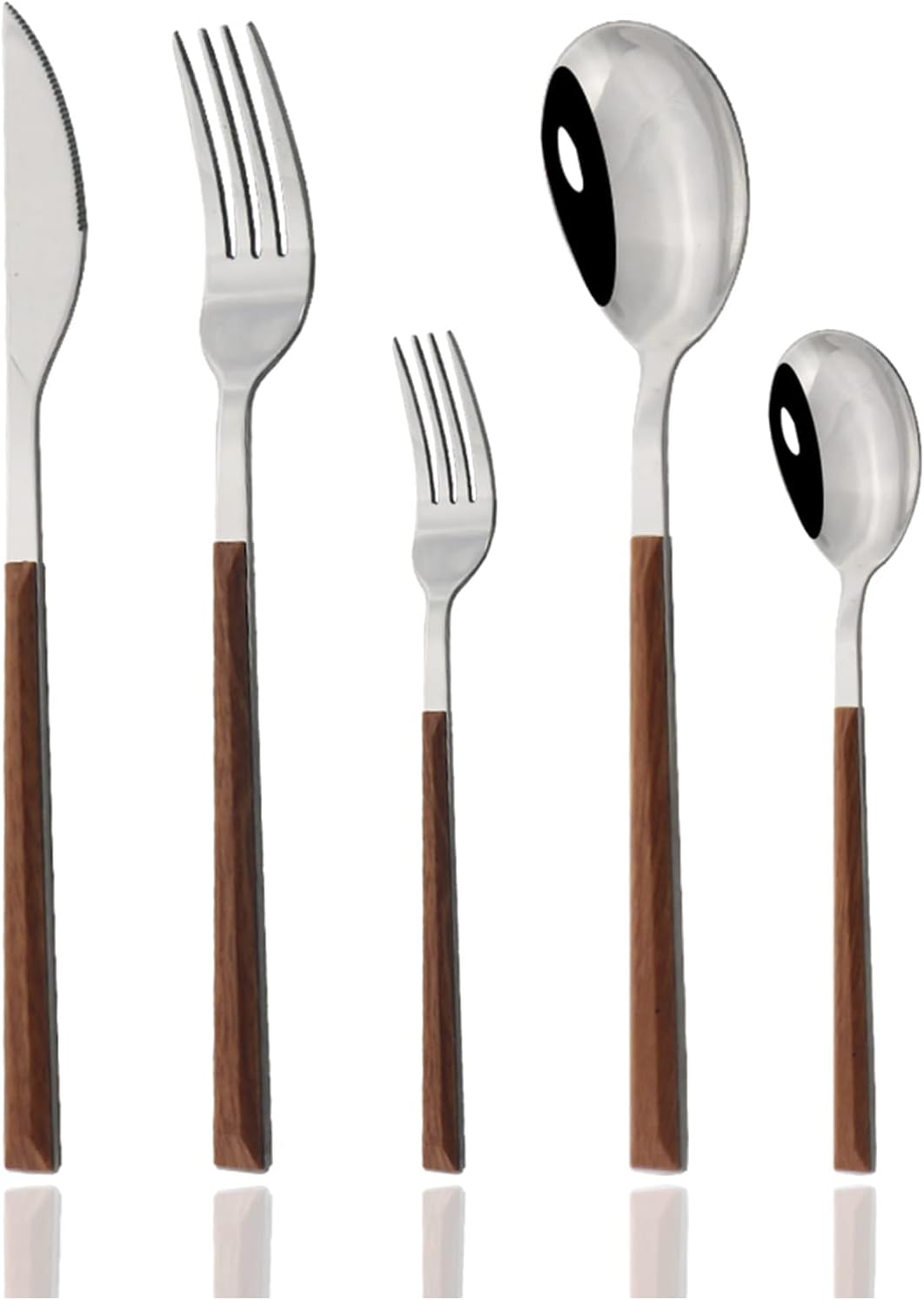 JASHII 30-Piece/6 Sets Wood Flatware Set, Premium Shiny Silver Stainless Steel Cutlery Set, Wooden Square Handle Flatware Dinner Knife Fork Spoon Set, Mirror Polished