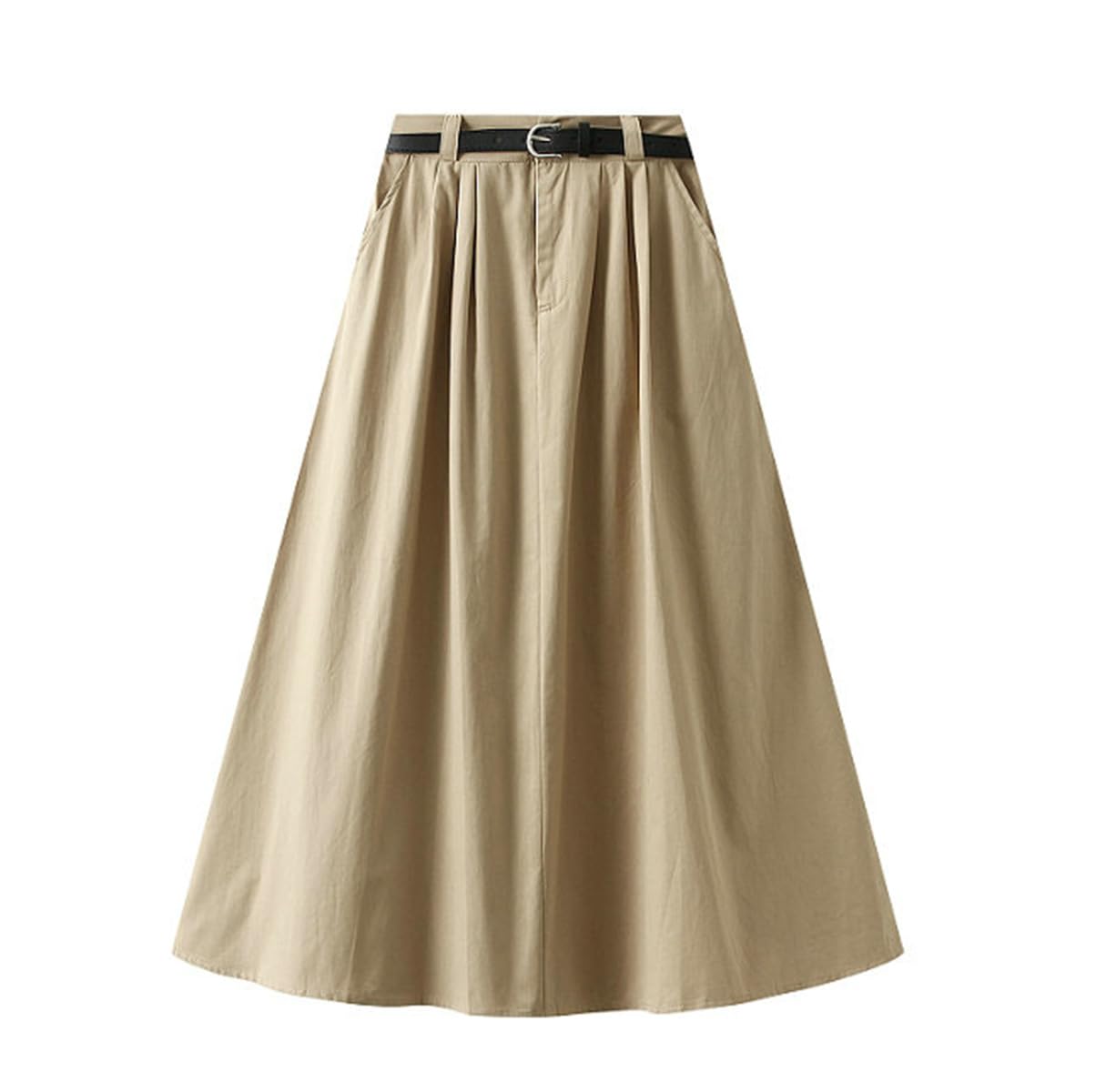 Womens A Line Midi Skirt with Pockets and Belt Elastic Waist Work Cargo Casual Long Flared Skirts