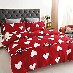 Fundas Nordicas 90 Ikea Juego Funda Nórdico Cama 90cm para edredón 3 Pieza,100% Microfibra, Funda nórtica 150x220 sábana Bajera 90x200+30 con Funda de Almohada 45x110,diseño CorazonRojo