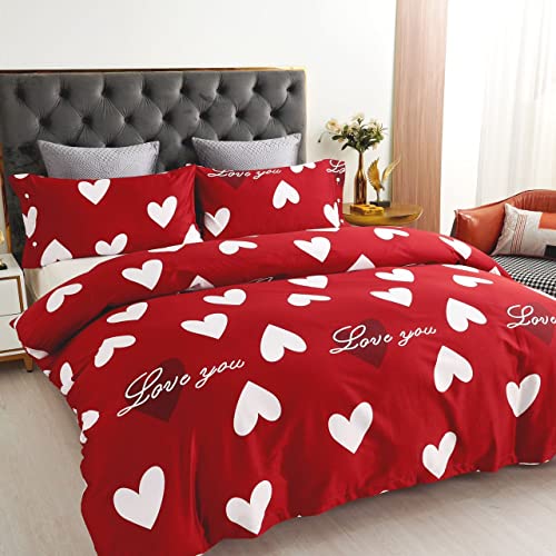 Juego Funda Nórdico Cama 150cm para edredón 4 Pieza,100% Microfibra, Funda nórtica 230x220 sábana Bajera 150x200+30 con 2 Funda de Almohada 45x85,diseñoCorazonRojo