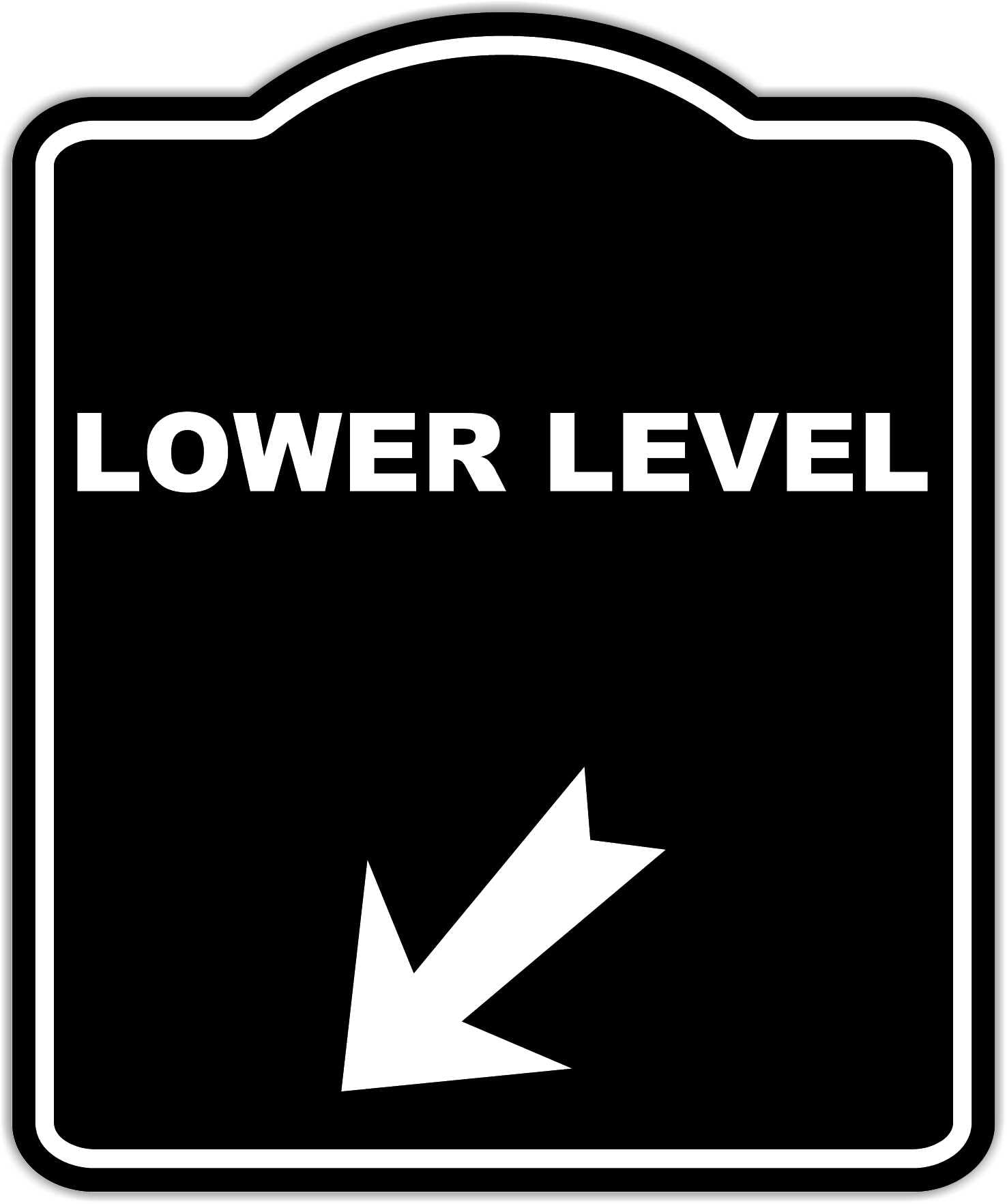 LOWER LEVEL Black Sign Arrow Down Left Aluminum Composite Sign 8.5 x 10 inches