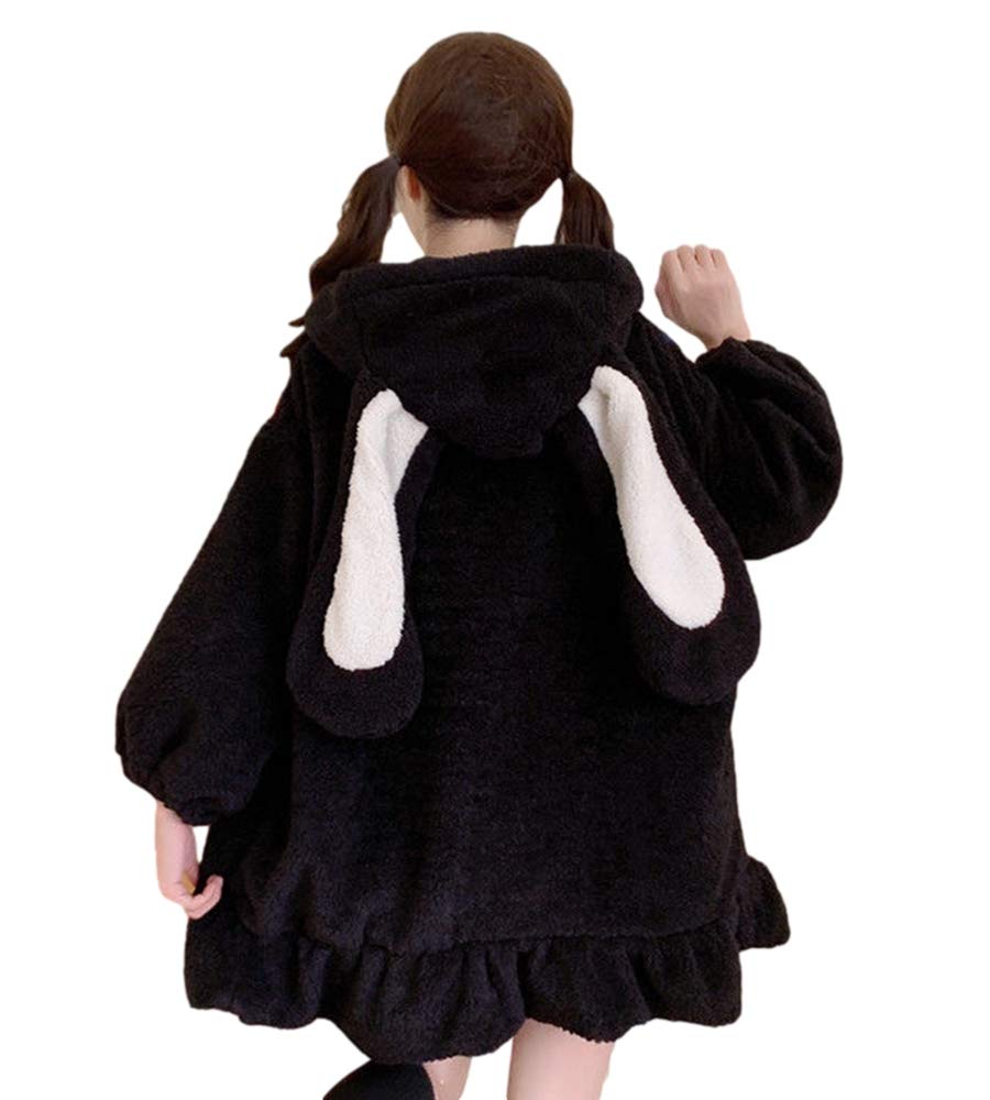 BZB Kawaii Anime Bunny Ear Hoodies For Women Sweet Lovely Fuzzy Fluffy Rabbit Sweater Tops Cosplay Jacket Coats: X-Large Black
