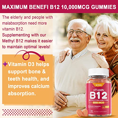 Vitamin B12 10000 Mcg (Methyl B12) Gummies With Vitamin D3, B9 Vitamin Folate, Vitamin C, For Energy Metabolism, Mood Boost, Nervous System Health, Strong Bones, Immune Support, Low Sugar, 120 Count #TOP4