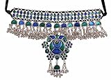 Siddhatva Indian Antique German Silver Oxidized Boho Gypsy Tribal Statement Choker Thread Tassel Necklace Jewelry Women (BLUE GREEN)