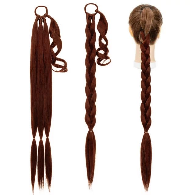 Miniatura 4 de Extensión de cola de caballo larga trenzada con banda para el cabello lacio envolvente para mujeres, sintético, de alta temperatura, esponjosa,