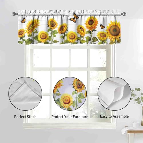 Image of Sunflower Kitchen Curtains 3 Piece Set Tier Valance Window Decor | 3 Piece Kitchen Curtain Set Includes 54x18in Valance and Two 27.5x36in Tier Curtains for Kitchen, Bedroom and Living Room