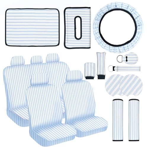 JINGSEN Stripe Car Seat Cover Full Set Stripe Steering Wheel Cover Suitable for Universal Car Accessories Interior Set Suitable for Sedans SUVs