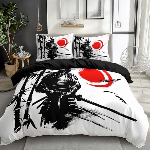 CozyRest Housse de Couette 140 x 200 cm avec 2 Taies d'oreiller- Design Peinture à l'encre de samouraï Japonais - Parure de lit Adulte Enfant Moderne -...