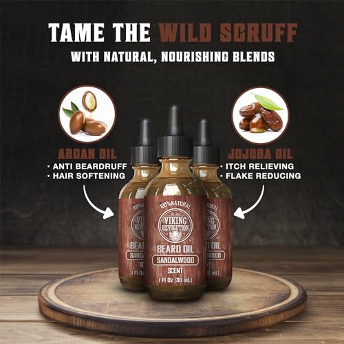 Image of Viking Revolution Sandalwood Beard Oil for Men - Natural Mens Beard Oil with Argan Oil and Jojoba Oil - Beard Softener, Strengthens and Moisturizes - Beard Conditioner for Men (Sandalwood, 3 Pack)