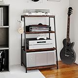 bimiti Meuble HiFi Bois à 4 Etagères Support pour Platine Vinyle avec Crochet pour Casque Audio,Platine Vinyle,Tourne Disque,TV Stéréo,Lecteur DVD Étagère Multimédia en Bois pour la Maison, Bureau