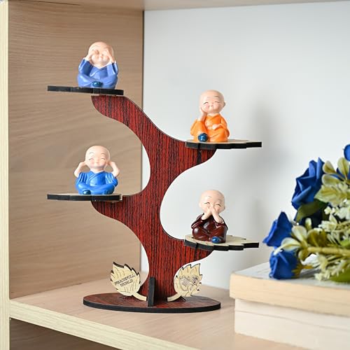 Image of HindCraft Decorative Buddha Monk Figurines Set of 4 with Tree and Wooden Base | Baby Monks for Meditation & Calm Home Decor