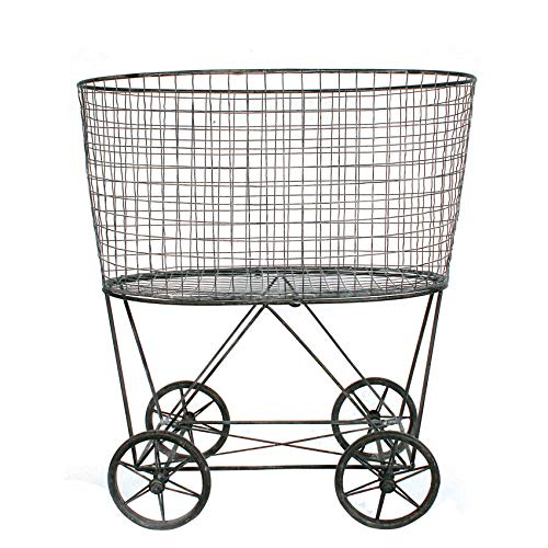 Creative Co-op Vintage Metal Laundry Basket with Wheels, Silver