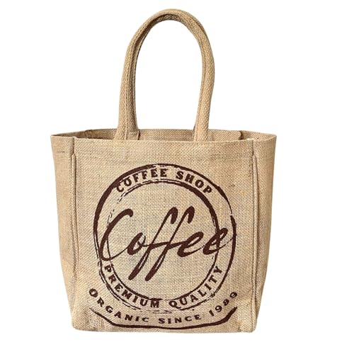 Domelo Sac à main en toile de jute - Petit sac fourre-tout végétalien - Couleur naturelle - Mini sac de transport - Sac en toile de jute avec imprimé - Sac de shopping durable - Cadeau pour femme