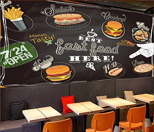 Mural Personalizado Papel Tapiz Con Foto De Hamburguesa Comida Grande Restaurante Fondo Pared-Pizza Tienda De Postres Pizarra Color Graffiti Pared De Fondo 200Cm(W)×140Cm(H)