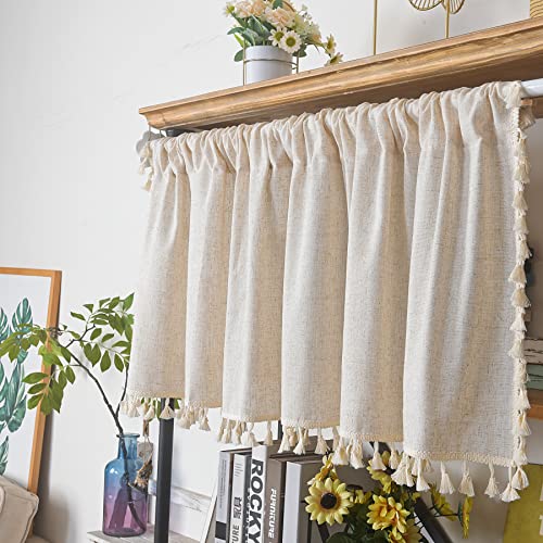 Sutuo Home BOHO CURTAIN-LINEN LOOK-18 Boho Sheer Curtain Valance Cotton Linen With Bohemian Handmade Tassels, Short French Farmhouse Window Treatment thumb #1