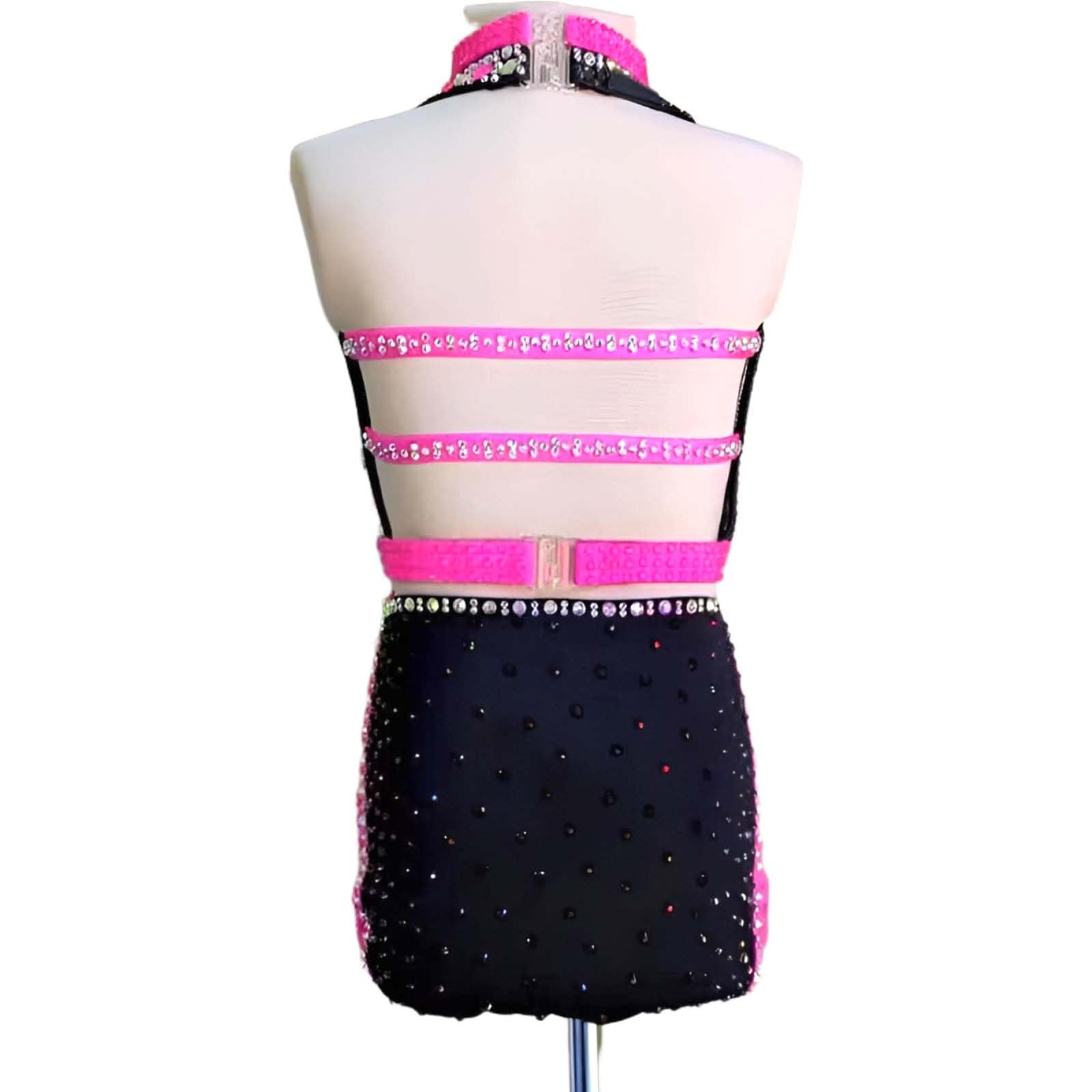 Lyrisches Tanzkostüm für Damen Zweiteilig mit Stehkragen und Strass | Modernes Tanzoutfit, Elastischer Spandex mit Atmungsaktivem Mesh und Großen Kristallen, Riemenrücken für Wettbewerb