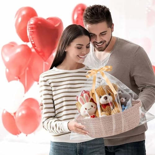 Image of Small Basket with Gift Bags and Ribbons,Small Woven Basket Cute Oval Cotton Rope Gifts with Handle Empty Baby Wicker Storage Basket for Baby Showers Pet Toy Bin (Brown, 3 Pack (12 inchx 8 inchx 3.74 inch))