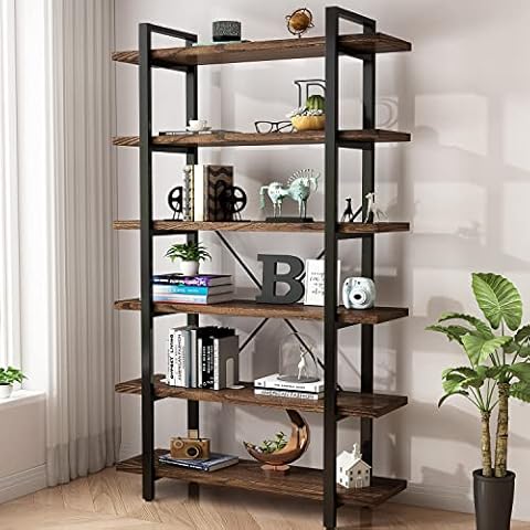 AY-AOYUAN Solid Wood Bookcase and Book Shelves Wood and Metal Shelving Unit 5 Tier Bookshelf Modern Rustic Open Bookshelf Office,Distressed Brown (AY-02-6Tier) Cover