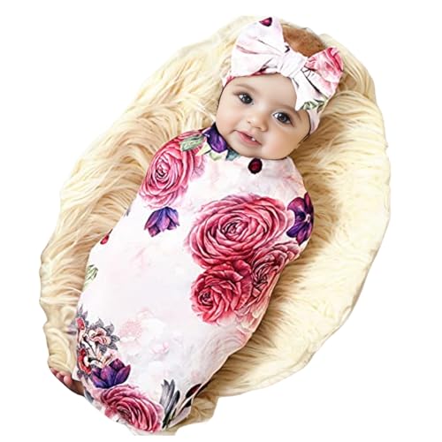 Image of Galabloomer Newborn Receiving Blanket Headband Set Baby Flower Rose Swaddle with Big Bow (Nostalgia Rose)