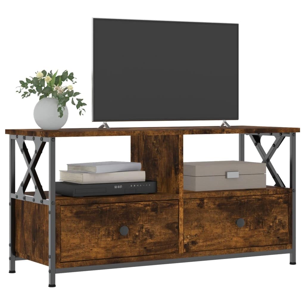 Szafka pod telewizor dąb Sonoma 90 x 33 x 45 cm, materiał drewnopochodny i żelazo, styl industrialny, 2 szuflady, do salonu, sypialni
