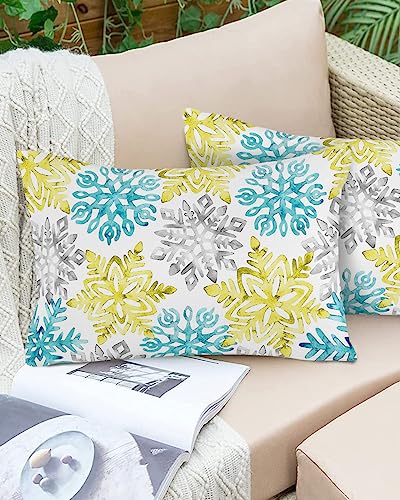 OComster Outdoor Pillow Covers Waterproof, Christmas Throw Pillowcase Decorative Cover, Teal Yellow Grey Snowflake Winter Xmas Watercolor Lumbar Pillow Covers Set of 2 for Sofa, Couch, Patio 20